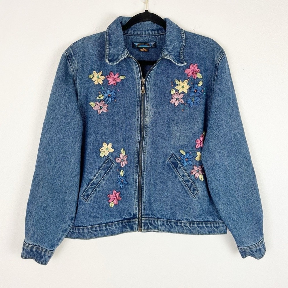 Vintage Womens Floral Embroidered Denim Jean Jacket LG Cottagecore Shabby Chic - Picture 8 of 12